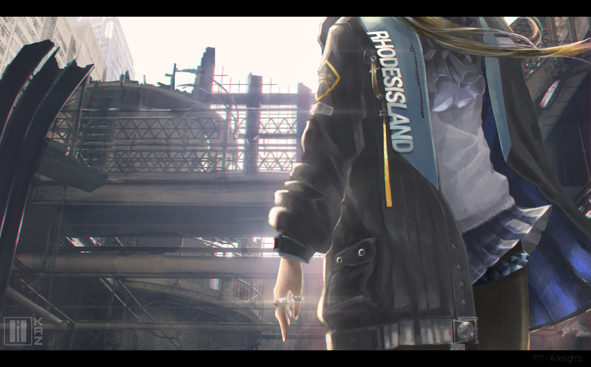1girl absurdres amiya_(arknights) arknights black_jacket cityscape floating_hair frills head_out_of_frame highres hood hood_down hooded_jacket huge_filesize jacket jewelry kioazura letterboxed long_sleeves open_clothes open_jacket outdoors pantyhose ring ruins shirt wind