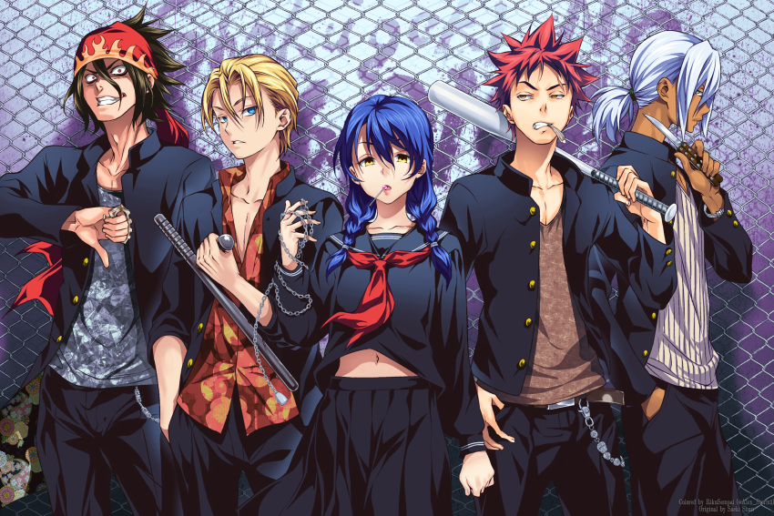 1girl 4boys baseball_bat blue_hair braid candy chain colorized delinquent food hayama_akira highres kurokiba_ryou lollipop long_sleeves multiple_boys navel open_clothes pants redhead rikusempai saeki_shun sailor_collar school_uniform shokugeki_no_souma skirt stomach tadokoro_megumi takumi_aldini twin_braids yellow_eyes yukihira_souma