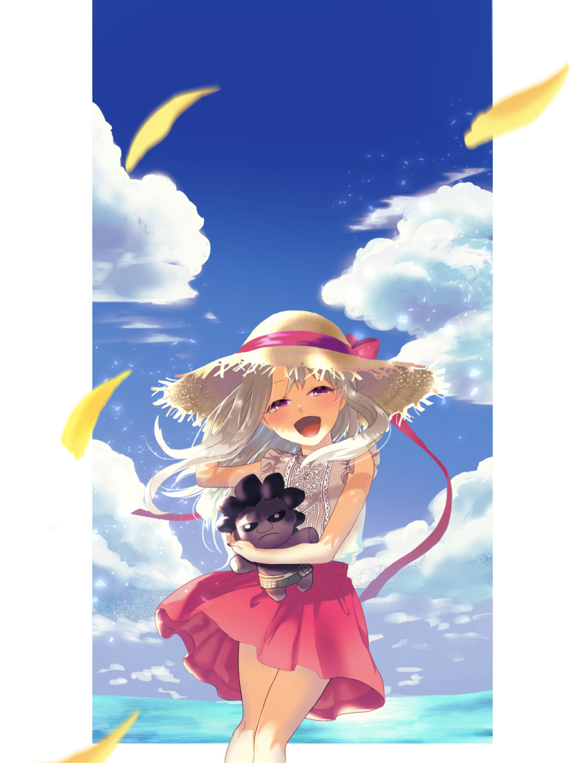 1girl :d berserker blue_sky blurry_foreground bow character_doll clouds fate/stay_night fate_(series) floating_hair half-closed_eyes hand_on_headwear hat hat_bow hat_ribbon highres illyasviel_von_einzbern long_hair looking_at_viewer miniskirt okamino open_mouth pink_eyes pleated_skirt red_bow red_ribbon red_skirt ribbon shirt silver_hair skirt sky sleeveless sleeveless_shirt smile solo standing straw_hat sun_hat very_long_hair white_shirt