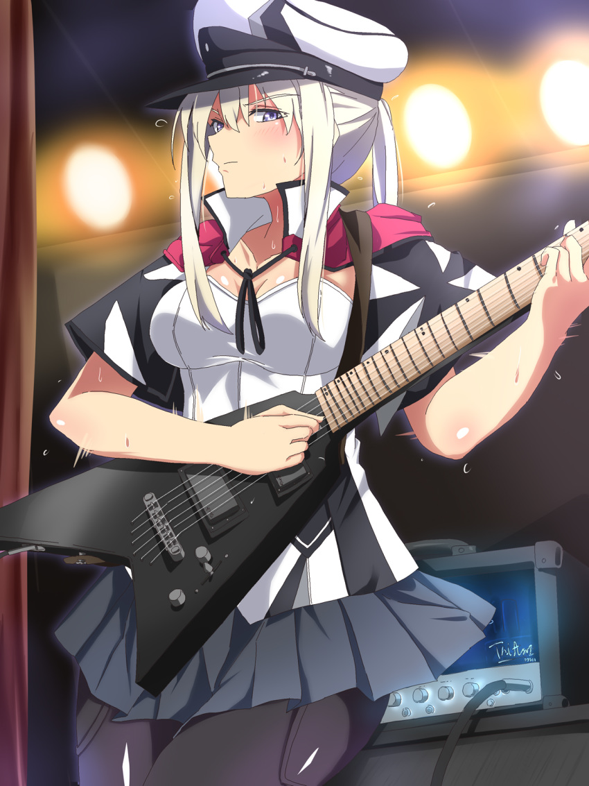 1girl adapted_costume amplifier_(instrument) black_legwear black_skirt blonde_hair breasts capelet cowboy_shot electric_guitar graf_zeppelin_(kantai_collection) guitar hair_between_eyes hat highres holding holding_instrument instrument kantai_collection medium_breasts miniskirt music pantyhose peaked_cap playing_instrument pleated_skirt sebunsu sidelocks skirt solo standing sweat twintails violet_eyes