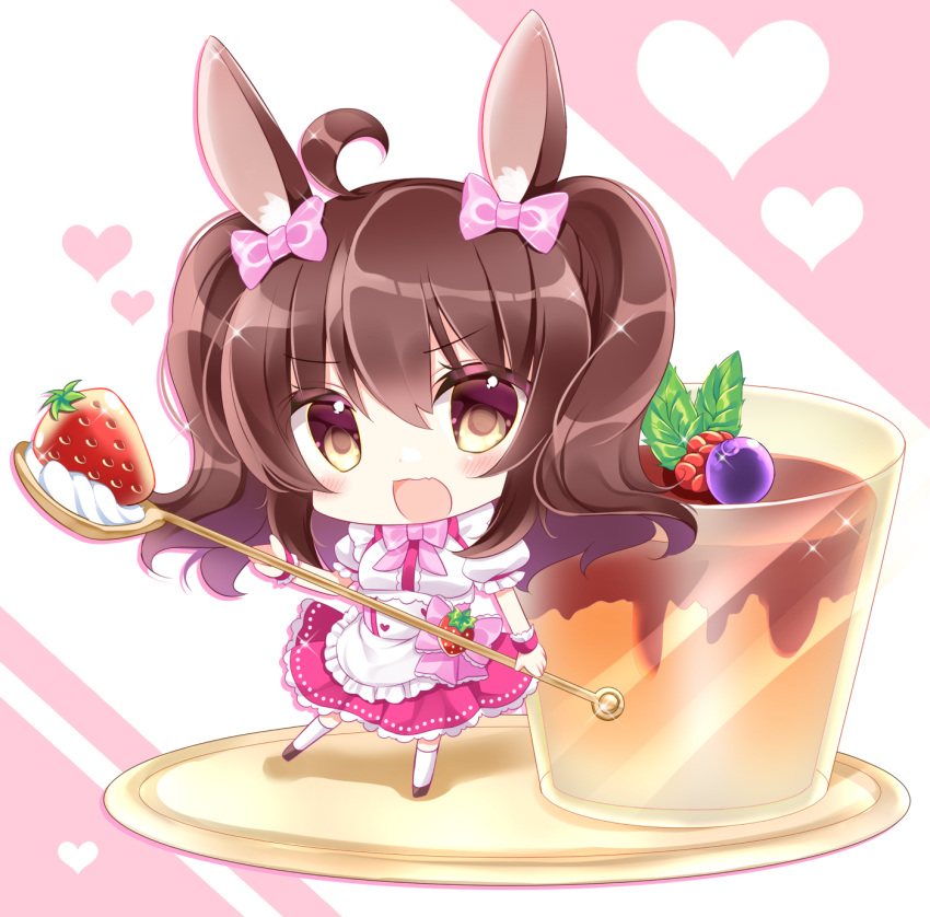 1girl ahoge animal_ears apron bangs black_footwear bow breasts brown_eyes brown_hair chibi commentary_request eyebrows_visible_through_hair food frilled_apron frills fruit full_body hair_between_eyes hair_bow heart highres holding holding_spoon kneehighs minigirl original pink_background pink_bow pudding puffy_short_sleeves puffy_sleeves purple_skirt rabbit_ears shikito shirt shoes short_sleeves skirt small_breasts solo sparkle spoon standing standing_on_one_leg strawberry two-tone_background two_side_up waist_apron white_apron white_background white_legwear white_shirt
