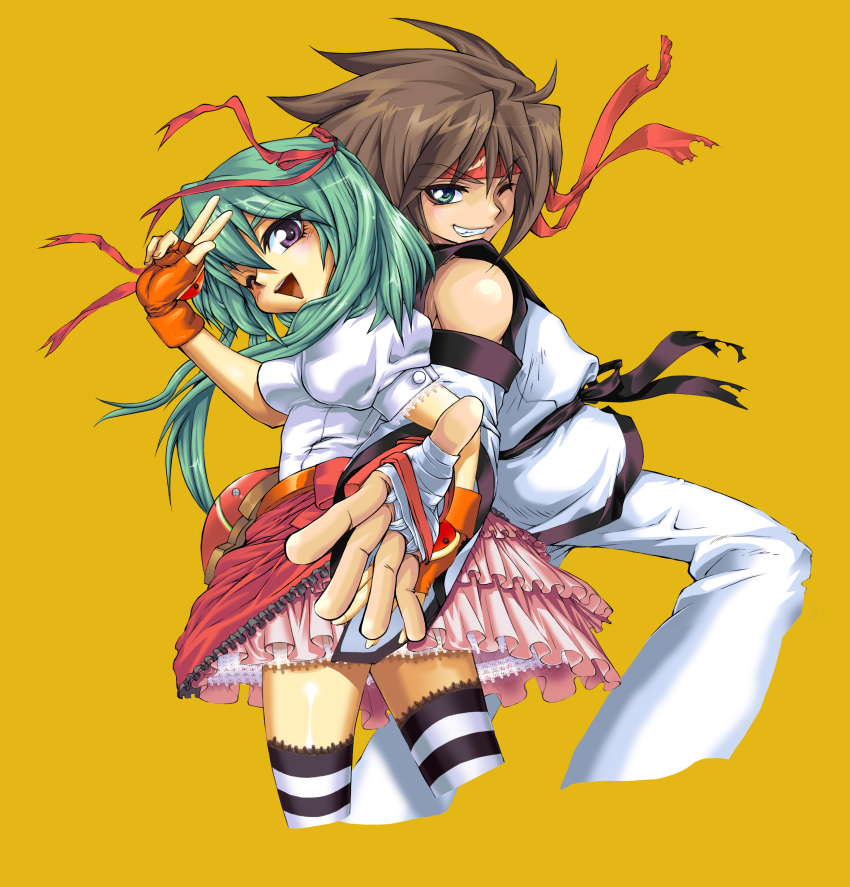 1boy 1girl bare_shoulders black_belt brown_hair couple detached_sleeves green_eyes green_hair happy hikaru_(mini_fighter) kang_hyuk long_hair looking_at_viewer martial_artist medium_hair mini_fighter official_art pink_skirt red_headband ruffled_skirt short_sleeves smile striped_legwear teeth twintails victory_sign violet_eyes white_outfit white_shirt wink yellow_background