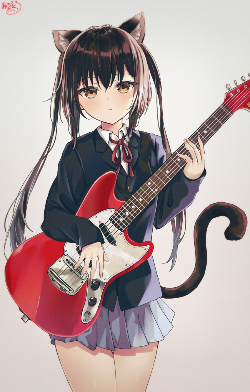 1girl akino_ell animal_ear_fluff animal_ears bangs black_hair black_jacket blush brown_eyes cat_ears cat_girl cat_tail collared_shirt commentary_request cowboy_shot expressionless grey_background guitar highres holding holding_instrument instrument jacket k-on! long_hair long_sleeves looking_at_viewer nakano_azusa neck_ribbon pleated_skirt red_ribbon ribbon shirt signature simple_background skirt solo tail twintails white_shirt