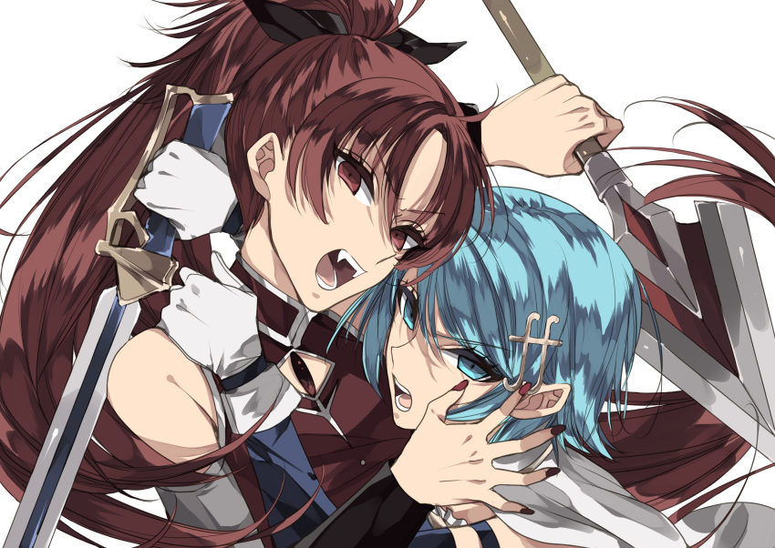 2girls absurdres blue_eyes blue_hair bow cape gloves hair_bow hair_ornament hairclip highres long_hair magical_girl mahou_shoujo_madoka_magica miki_sayaka misteor multiple_girls polearm ponytail red_eyes redhead sakura_kyouko short_hair simple_background spear sword weapon white_background white_gloves