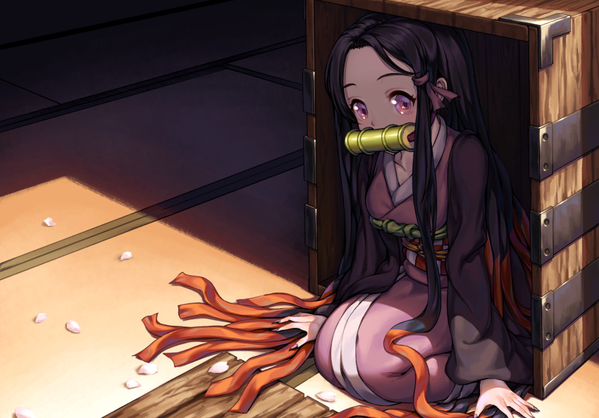 1girl bara_(totocos) black_hair collarbone hair_ribbon haori highres indoors japanese_clothes kamado_nezuko kimetsu_no_yaiba kimono kneeling long_hair long_sleeves multicolored_hair orange_hair petals pink_eyes pink_kimono purple_ribbon ribbon solo two-tone_hair very_long_hair