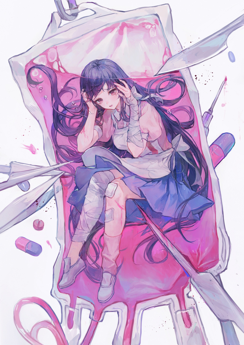 1girl absurdres apron bandages dangan_ronpa full_body highres long_hair looking_at_viewer maccha_(mochancc) mole mole_under_eye nurse puffy_short_sleeves puffy_sleeves purple_hair short_sleeves solo super_dangan_ronpa_2 syringe tsumiki_mikan uniform violet_eyes white_footwear yami_kawaii