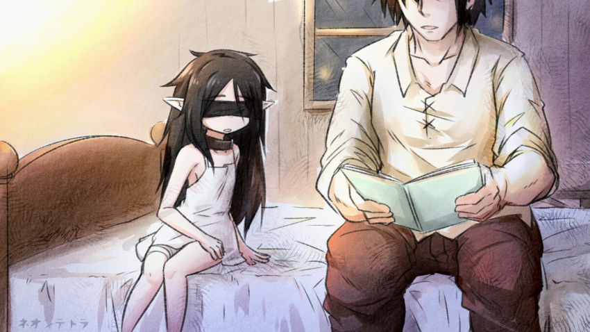 1boy 1girl bandaged_leg bandages bangs bare_arms bare_shoulders bed black_collar black_hair blindfold book brown_pants brown_shirt collar collarbone collared_shirt dress eyebrows_visible_through_hair head_out_of_frame highres holding holding_book indoors neon-tetora on_bed open_book original pants parted_lips shirt short_sleeves sitting sitting_on_bed sleeveless sleeveless_dress white_dress window