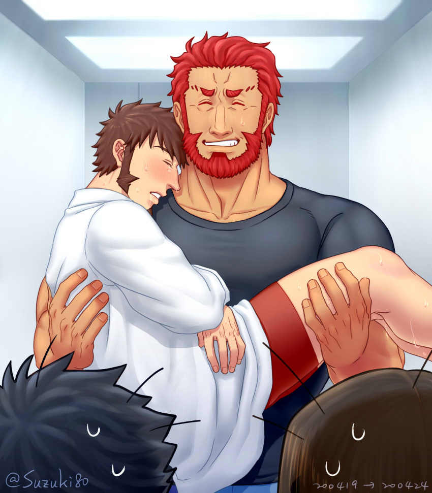4boys after_sex alternate_costume bara beard blush brown_hair carrying chest couple facial_hair fate/grand_order fate/zero fate_(series) fujimaru_ritsuka_(male) goatee hand_on_another's_thigh highres iskandar_(fate) lord_el-melloi_ii male_focus male_underwear multiple_boys muscle napoleon_bonaparte_(fate/grand_order) pectorals red_eyes redhead shirt sideburns sleeping sleeping_on_person suzuki80 t-shirt underwear waver_velvet