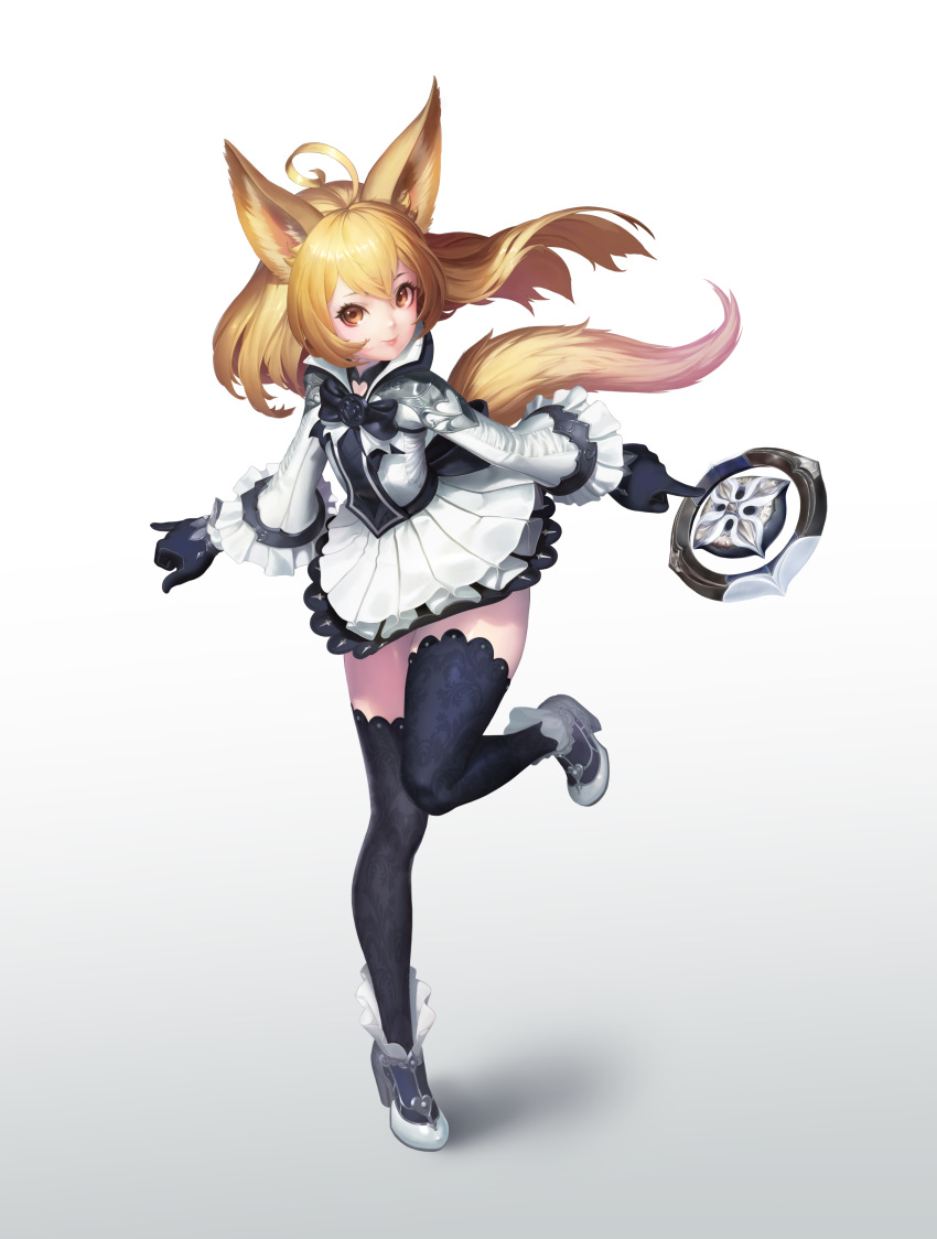 1girl absurdres ahoge animal_ears black_footwear black_gloves black_legwear blonde_hair boots botro brown_eyes dog_ears dog_tail dress elin full_body gloves high_heels highres leg_up long_hair short_dress simple_background smile solo standing standing_on_one_leg tail tera_online thigh-highs thighs weapon white_background white_dress zettai_ryouiki