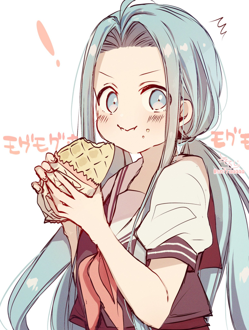 ! /\/\/\ 1girl :i ahoge alternate_hairstyle background_text bangs black_vest blue_eyes blue_hair blush bread closed_mouth eating food food_on_face forehead granblue_fantasy hands_up highres holding holding_food long_hair looking_at_viewer low_twintails lyria_(granblue_fantasy) neckerchief parted_bangs pink_neckwear puffy_short_sleeves puffy_sleeves sailor_collar school_uniform serafuku shirt short_sleeves simple_background sofra solo translation_request twintails upper_body v-shaped_eyebrows very_long_hair vest white_background white_sailor_collar white_shirt