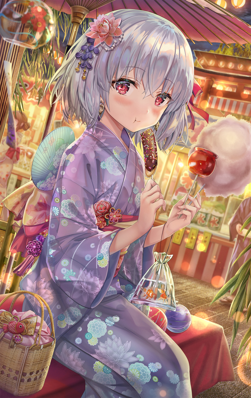 1girl balloon bangs blush breasts candy_apple chocolate_banana cotton_candy earrings eating fan fate/grand_order fate_(series) festival fish floral_print flower food goldfish hair_flower hair_ornament hair_ribbon highres japanese_clothes jewelry kama_(fate/grand_order) kimono looking_at_viewer lotus obi oriental_umbrella paper_fan pink_ribbon purple_kimono red_eyes ribbon sash short_hair silver_hair small_breasts sparkling_eyes torino_akua umbrella wide_sleeves wind_chime