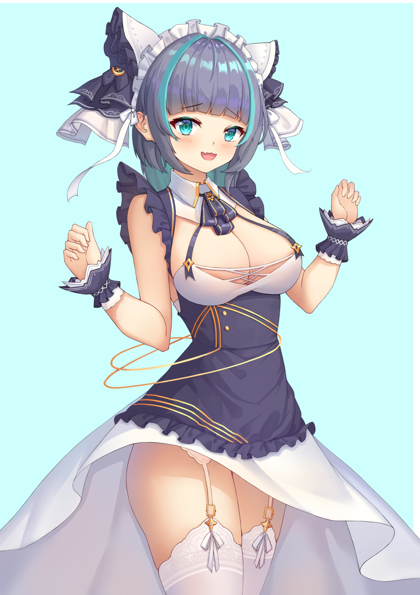 1girl absurdres aqua_eyes artist_request azur_lane breasts cheshire_(azur_lane) dress eyebrows_visible_through_hair fang frilled_hairband frilled_headband frilled_ribbon frills garter_belt hairband highres large_breasts long_ribbon maid_dress maid_headdress multicolored_hair open_mouth paw_pose purple_apron purple_hair ribbon simple_background skin_fang streaked_hair thigh-highs white_dress white_legwear wrist_cuffs