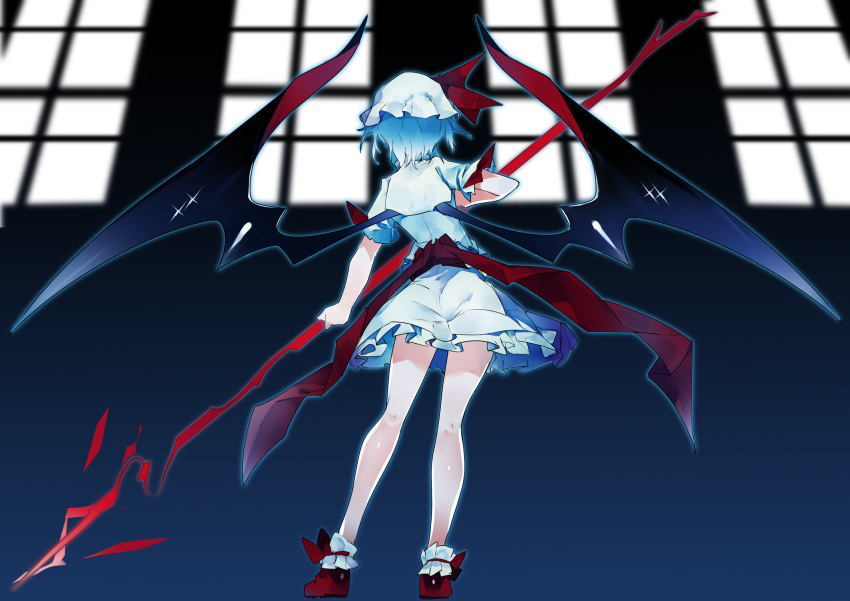 1girl black_wings blouse blue_hair commentary demon_wings facing_away frilled_skirt frills from_behind hat hat_ribbon highres holding holding_weapon ikurauni kneepits miniskirt mob_cap red_footwear red_ribbon remilia_scarlet ribbon shoes short_hair short_sleeves skirt skirt_set solo spear_the_gungnir spread_wings standing touhou weapon white_blouse white_headwear white_skirt wings