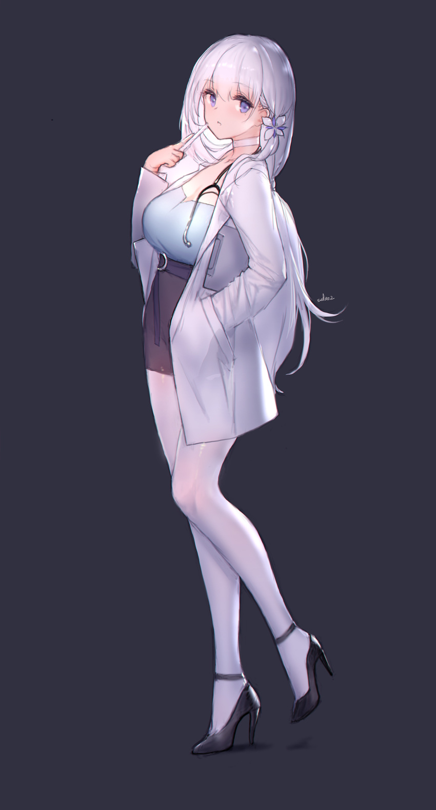 1girl absurdres alternate_costume alternate_hairstyle azur_lane bangs blue_eyes breasts commentary_request doctor highres illustrious_(azur_lane) labcoat large_breasts long_hair pantyhose pen skirt solo stethoscope swd3e2 white_hair