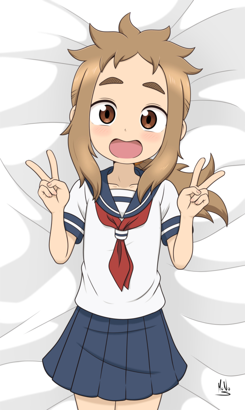 1girl absurdres bed_sheet blush brown_eyes brown_hair collarbone commentary commission cowboy_shot double_v from_above hands_up hibino_mina highres karakai_jouzu_no_takagi-san long_hair looking_at_viewer lying monosex neckerchief on_back pixiv_commission pleated_skirt ponytail red_neckerchief shirt short_sleeves signature skirt solo v white_shirt