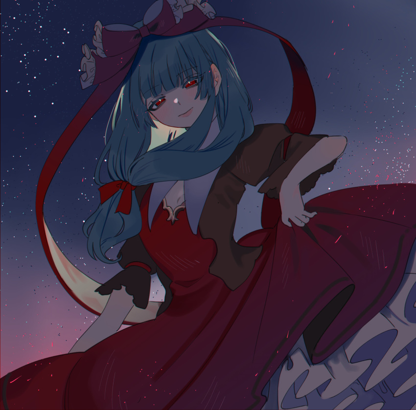 absurdres bangs bow dress dress_lift frilled_ribbon frills front_ponytail green_hair hair_bow hair_ribbon highres holding holding_clothes holding_dress holding_skirt kagiyama_hina kuma-hina looking_at_viewer looking_down night night_sky outdoors red_dress red_eyes ribbon skirt sky smile spinning star_(sky) starry_sky takushiima touhou