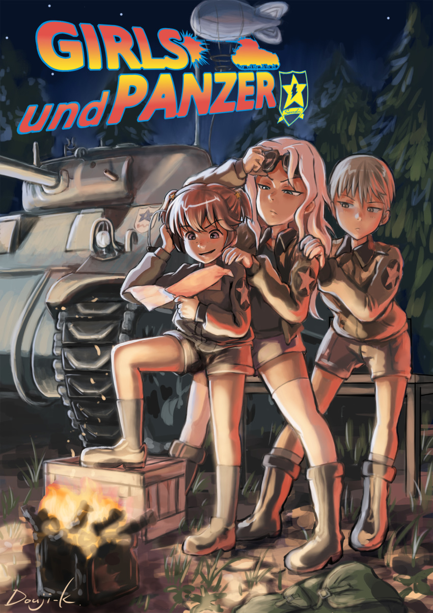 3girls adjusting_headwear aircraft alisa_(girls_und_panzer) artist_name back_to_the_future bangs black_footwear black_shorts blonde_hair blue_eyes boots box brown_eyes brown_hair brown_jacket closed_mouth dirigible emblem eyebrows_visible_through_hair fire foot_up freckles girls_und_panzer goggles goggles_on_head grey_legwear ground_vehicle hair_ornament half-closed_eyes hand_on_another's_shoulder hand_on_headphones hands_on_another's_shoulders headphones highres holding holding_map jacket kay_(girls_und_panzer) kuroneko_douji leaning_forward light_frown loafers logo_parody long_hair long_sleeves m4_sherman map military military_uniform military_vehicle motor_vehicle multiple_girls naomi_(girls_und_panzer) night night_sky open_mouth outdoors saunders_(emblem) saunders_military_uniform shoes short_hair short_twintails shorts signature sky smirk socks standing star_(sky) star_(symbol) star_hair_ornament starry_sky tank thigh-highs twintails uniform very_short_hair white_legwear