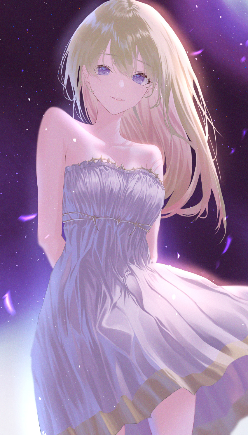 1girl absurdres arms_behind_back bangs barbed_wire bare_shoulders blonde_hair breasts butsubutsu_koshi_anko collarbone dress highres huge_filesize large_breasts long_hair looking_at_viewer nijisanji parted_lips smile solo strapless strapless_dress takamiya_rion violet_eyes virtual_youtuber white_dress wind