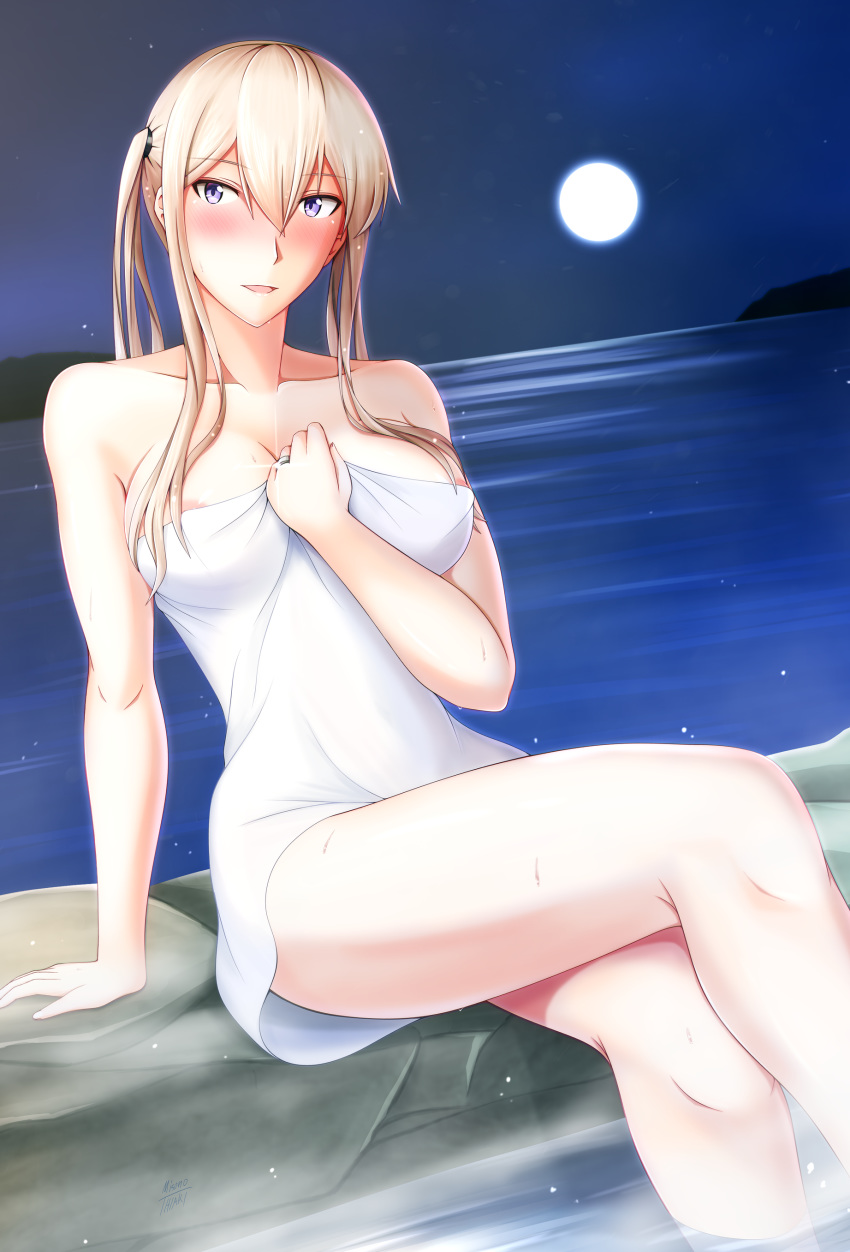 1girl absurdres blonde_hair breasts collarbone commentary_request feet_out_of_frame graf_zeppelin_(kantai_collection) grey_eyes hair_between_eyes highres kantai_collection large_breasts long_hair misono_chiaki moon naked_towel night rock sidelocks sitting soaking_feet solo towel tsurime twintails white_towel