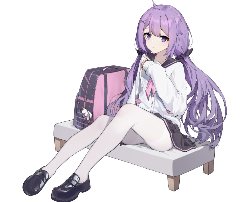 1girl absurdres ahoge azur_lane backpack bag bag_charm bench black_footwear black_sailor_collar black_scrunchie black_skirt cardigan charm_(object) commentary_request full_body hair_ornament hair_scrunchie highres kuo_(kuo114514) loafers long_hair long_sleeves looking_at_viewer low_twintails neckerchief on_bench pantyhose pink_neckwear pleated_skirt purple_hair sailor_collar school_uniform scrunchie serafuku shoes simple_background sitting skirt sleeves_past_wrists solo stuffed_alicorn stuffed_animal stuffed_toy twintails unicorn_(azur_lane) unicorn_(spring's_present)_(azur_lane) very_long_hair violet_eyes white_background white_cardigan white_legwear x_hair_ornament