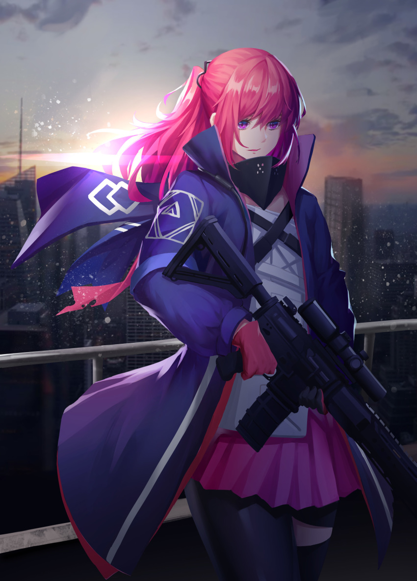1girl absurdres ar-15 blue_jacket city eyebrows_visible_through_hair girls_frontline gloves gun hair_ribbon hand_on_weapon highres jacket long_hair looking_away madao pink_gloves pink_hair pink_skirt ribbon rifle skirt solo st_ar-15_(girls_frontline) violet_eyes weapon