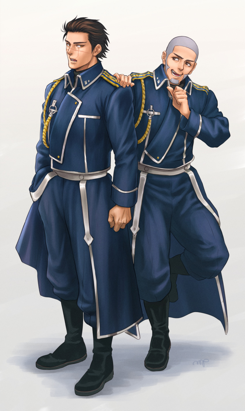 2boys aiguillette amestris_military_uniform black_footwear blue_jacket blue_pants brown_eyes brown_hair clenched_hand commentary_request facial_hair facial_scar fullmetal_alchemist golden_kamuy grey_background grey_hair hand_in_pocket hand_on_another's_shoulder highres imperial_japanese_army jacket looking_back military military_uniform mprichin multiple_boys nose_scar open_mouth pants scar scar_on_cheek shaved_head shiraishi_yoshitake short_hair sideburns sugimoto_saichi uniform