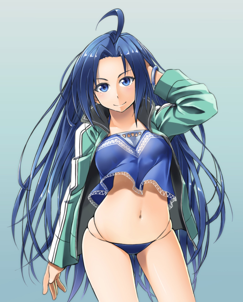 1girl ahoge alto-00 bangs blue_camisole blue_eyes blue_hair camisole contrapposto cowboy_shot gradient gradient_background green_jacket hair_down highres jacket long_hair long_sleeves looking_at_viewer magicami navel ohtori_ao open_clothes open_jacket parted_bangs smile solo track_jacket very_long_hair wind wind_lift