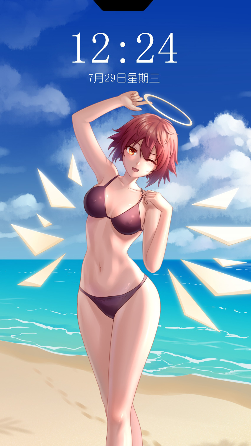 1girl ;d absurdres arknights arm_up bangs bare_arms bare_legs bare_shoulders beach bikini black_bikini blue_sky breasts chinese_commentary clouds commentary_request da_akana_xiv day exusiai_(arknights) feet_out_of_frame footprints hair_between_eyes halo hand_up highres looking_at_viewer medium_breasts navel ocean one_eye_closed open_mouth red_eyes redhead shadow short_hair sky smile solo standing stomach swimsuit thighs translation_request water