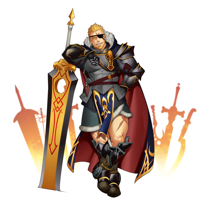 1boy armor bara beard blonde_hair boots breastplate cape crossed_legs eyepatch facial_hair facial_scar full_body gyee highres itto_(mentaiko) leaning_on_weapon looking_at_viewer male_focus manly marcus_(gyee) muscle official_art one_eye_covered oversized_object scar shorts smile solo standing thighs weapon yellow_eyes