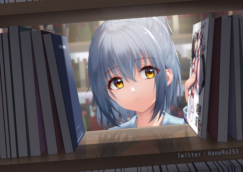 1girl artist_name bangs bdsm blurry blurry_background bondage book bookshelf bound grey_hair haneru highres holding holding_book original red_rope rope short_hair sidelocks solo tagme yellow_eyes