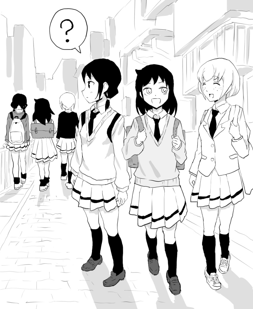 3girls black_hair blazer cardigan from_behind highres jacket kuroki_tomoko long_hair looking_back low_twintails monochrome multiple_girls multiple_persona necktie pps-old short_hair tamura_yuri tanaka_mako twintails watashi_ga_motenai_no_wa_dou_kangaetemo_omaera_ga_warui!