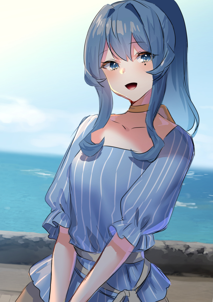 blue_eyes blue_hair cowboy_shot gotland_(kantai_collection) highres kantai_collection mizuki_eiru_(akagi_kurage) mole mole_under_eye ocean portrait smile tagme