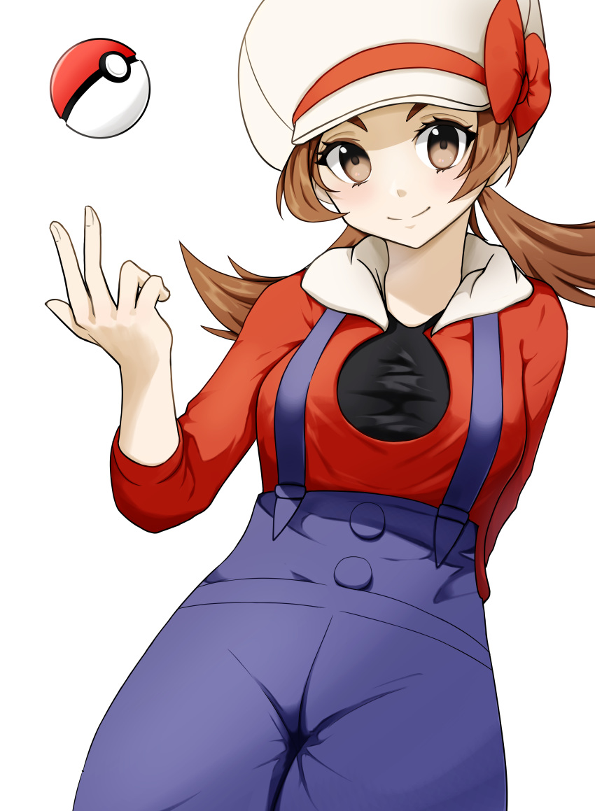 1girl absurdres arm_behind_back breasts brown_eyes brown_hair closed_mouth commentary eyelashes fingernails hand_up hat hat_ribbon highres kokoko_taro kotone_(pokemon) looking_at_viewer overalls poke_ball poke_ball_(basic) pokemon pokemon_(game) pokemon_hgss ribbon simple_background smile solo twintails white_background white_headwear