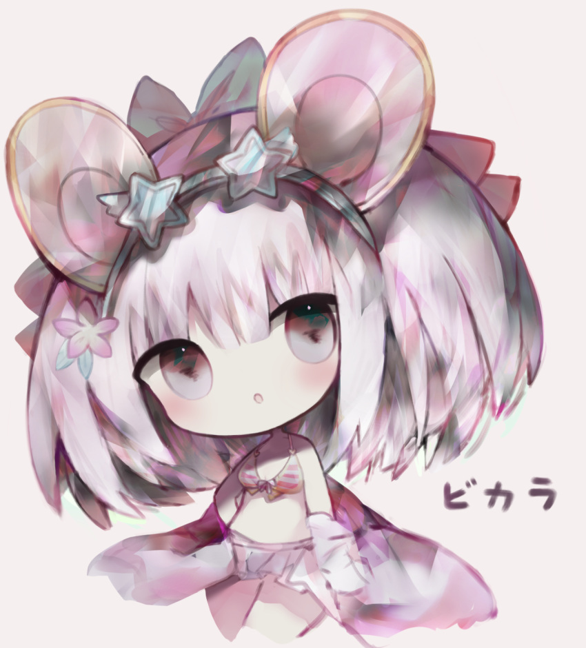 1girl :o animal_ears bangs bare_shoulders big_head bikini bikini_skirt blue-framed_eyewear blue-tinted_eyewear brown_background character_name chibi collarbone commentary_request cottontailtokki granblue_fantasy grey_eyes hair_between_eyes head_tilt highres mouse_ears parted_lips silver_hair simple_background solo star-shaped_eyewear striped striped_bikini swimsuit vikala_(granblue_fantasy)