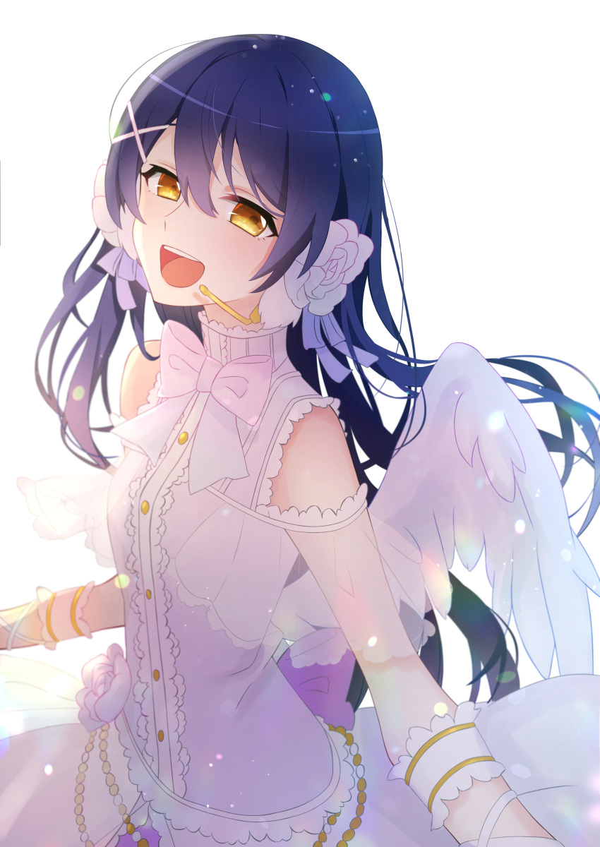 1girl absurdres angel_wings bangs blue_hair blush commentary_request flower hair_between_eyes hair_flower hair_ornament highres long_hair looking_at_viewer love_live! love_live!_school_idol_project microphone neru_(flareuptf1) open_mouth simple_background sleeveless solo sonoda_umi white_background wings x_hair_ornament yellow_eyes