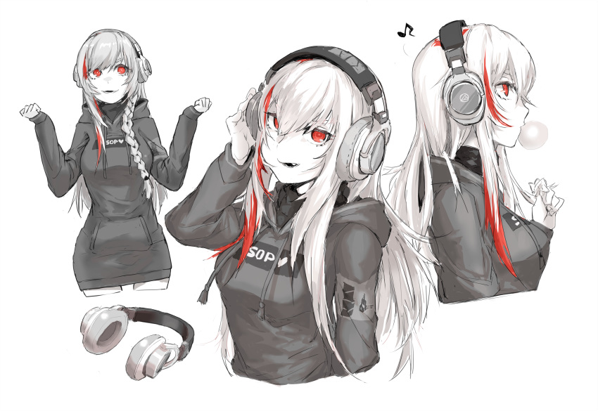 1girl absurdres alma01 bangs black_hoodie blonde_hair braid braided_ponytail bubble_blowing character_name chewing_gum clenched_hands commentary_request eighth_note fang girls_frontline hand_up head_tilt headphones highres holding holding_headphones hood hood_down hoodie long_hair looking_at_viewer m4_sopmod_ii_(girls_frontline) monochrome multicolored_hair multiple_views musical_note playing_with_own_hair red_eyes redhead spoken_musical_note spot_color streaked_hair