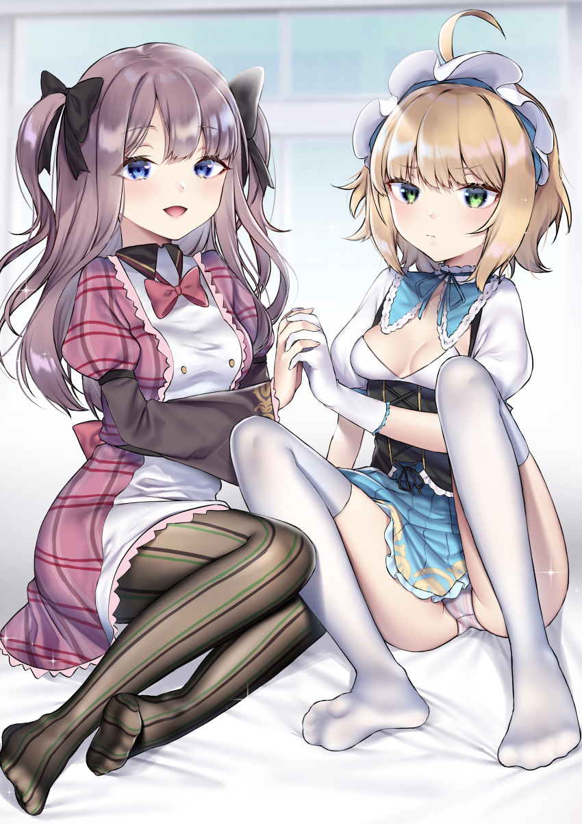 2girls :d absurdres ahoge bangs bed_sheet black_bow blonde_hair blue_eyes blue_oath blue_ribbon blue_skirt blush bow breasts brown_hair brown_legwear buta_tamako character_request closed_mouth collared_dress commentary_request dress eyebrows_visible_through_hair gloves green_eyes hair_bow highres holding_hands interlocked_fingers knees_up long_hair long_sleeves looking_at_viewer medium_breasts multiple_girls neck_ribbon no_shoes open_mouth panties pink_dress pleated_skirt puffy_short_sleeves puffy_sleeves red_bow ribbon savage_(blue_oath) short_over_long_sleeves short_sleeves skirt small_breasts smile soles striped striped_legwear thigh-highs two_side_up underwear vertical-striped_legwear vertical-striped_panties vertical_stripes white_gloves white_panties wide_sleeves window