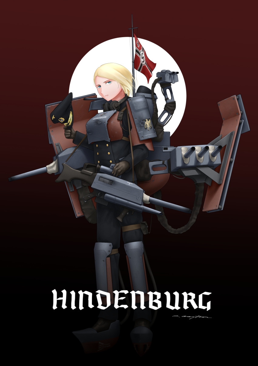 1girl absurdres armor black_gloves blonde_hair blue_eyes breastplate cannon character_name commentary dark_background english_commentary flag full_body gloves hat hat_removed headphones headphones_around_neck headwear_removed highres hindenburg_(ryan_greythorn) holding holding_clothes holding_hat kriegsmarine long_sleeves machinery military military_uniform nazi_war_ensign original peaked_cap personification pouch rigging ryan_greythorn shin_guards short_hair signature solo standing turret uniform world_of_warships