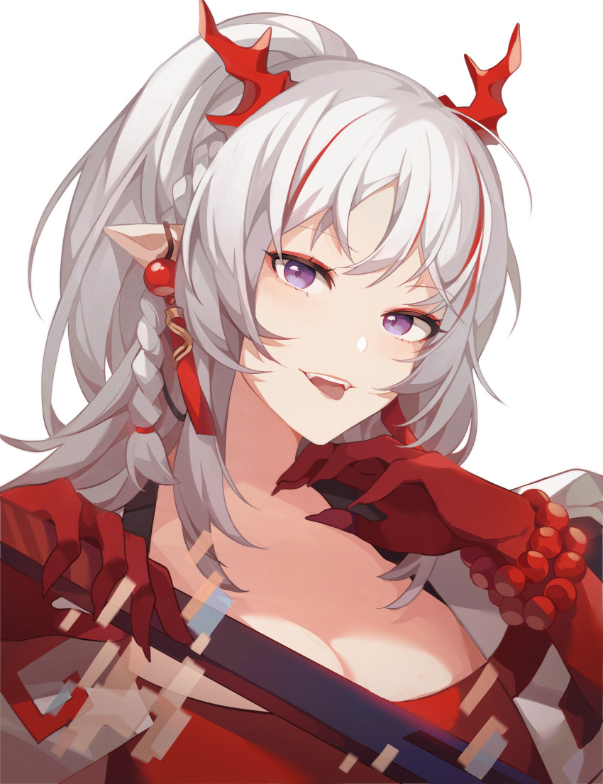 1girl :d absurdres arknights bandeau bangs braid breasts earrings highres holding horns jewelry long_hair looking_at_viewer medium_breasts multicolored_hair nian_(arknights) open_clothes open_mouth pointy_ears redhead saibe silver_hair smile solo strapless streaked_hair tongue tongue_out tubetop violet_eyes