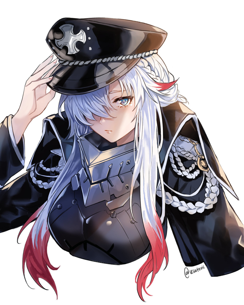 1girl absurdres aiguillette armor azur_lane black_coat black_headwear blue_eyes braid breasts closed_mouth coat commentary english_commentary expressionless french_braid hair_between_eyes hair_over_one_eye hand_on_headwear hat highres iron_cross lips long_hair long_sleeves looking_at_viewer medium_breasts military military_hat military_uniform multicolored_hair odin_(azur_lane) peaked_cap redhead silver_hair simple_background solo streaked_hair twitter_username two-tone_hair uniform upper_body usatorii white_background