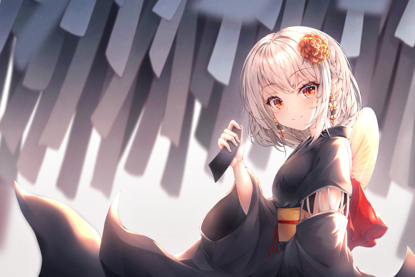 1girl absurdres azur_lane bangs black_kimono blurry blurry_background blush breasts butterfly_earrings closed_mouth commentary_request depth_of_field earrings eyebrows_visible_through_hair fan flower hair_flower hair_ornament hand_up highres holding ichizon japanese_clothes jewelry kimono long_sleeves looking_at_viewer looking_to_the_side obi paper_fan red_eyes red_flower sash silver_hair sirius_(azur_lane) small_breasts smile solo tanabata tanzaku uchiwa upper_body wide_sleeves