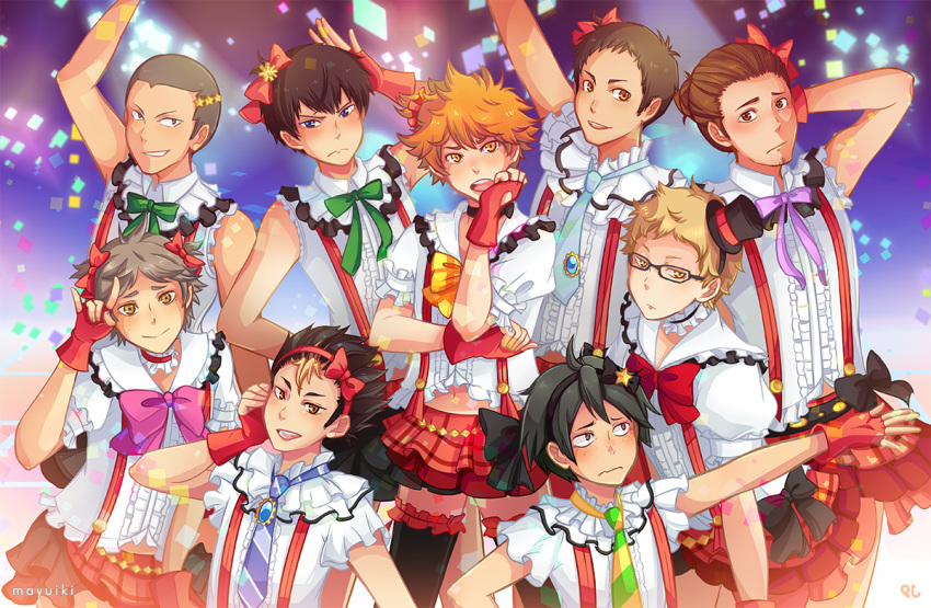 6+boys azumane_asahi black_hair blonde_hair blue_eyes bokura_wa_ima_no_naka_de brown_eyes brown_hair cosplay crossdressinging gloves haikyuu!! kageyama_tobio love_live! love_live!_school_idol_project muki_(mayuiki) multiple_boys nishinoya_yuu parody red_gloves sawamura_daichi short_hair sugawara_koushi tanaka_ryuunosuke tsukishima_akiteru tsukishima_kei yamaguchi_tadashi