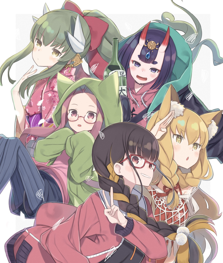 +_+ 5girls :d animal_ear_fluff animal_ears bangs black_shirt black_shorts blush bottle bow brown_eyes brown_hair brown_jacket character_request closed_mouth commentary_request dragon_horns drawstring eyebrows_behind_hair eyebrows_visible_through_hair fang fate/grand_order fate_(series) fire_emblem floral_print glasses green_hair grey_background grey_legwear grin hair_between_eyes hair_bow headpiece highres hood hood_down hoodie horns jacket japanese_clothes kimono kiyohime_(fate/grand_order) legwear_under_shorts light_brown_hair long_hair looking_at_viewer multicolored_hair multiple_girls oni oni_horns open_clothes open_jacket open_mouth osakabe-hime_(fate/grand_order) pantyhose parted_bangs parted_lips pink_hoodie pink_kimono ponytail print_kimono purple_hair red-framed_eyewear red_bow red_eyes semi-rimless_eyewear shirt short_eyebrows short_shorts shorts shuten_douji_(fate/grand_order) sidelocks smile star_(symbol) star_print striped striped_legwear thick_eyebrows tiki_(fire_emblem) totatokeke two-tone_background two-tone_hair under-rim_eyewear v vertical-striped_legwear vertical_stripes very_long_hair violet_eyes white_background