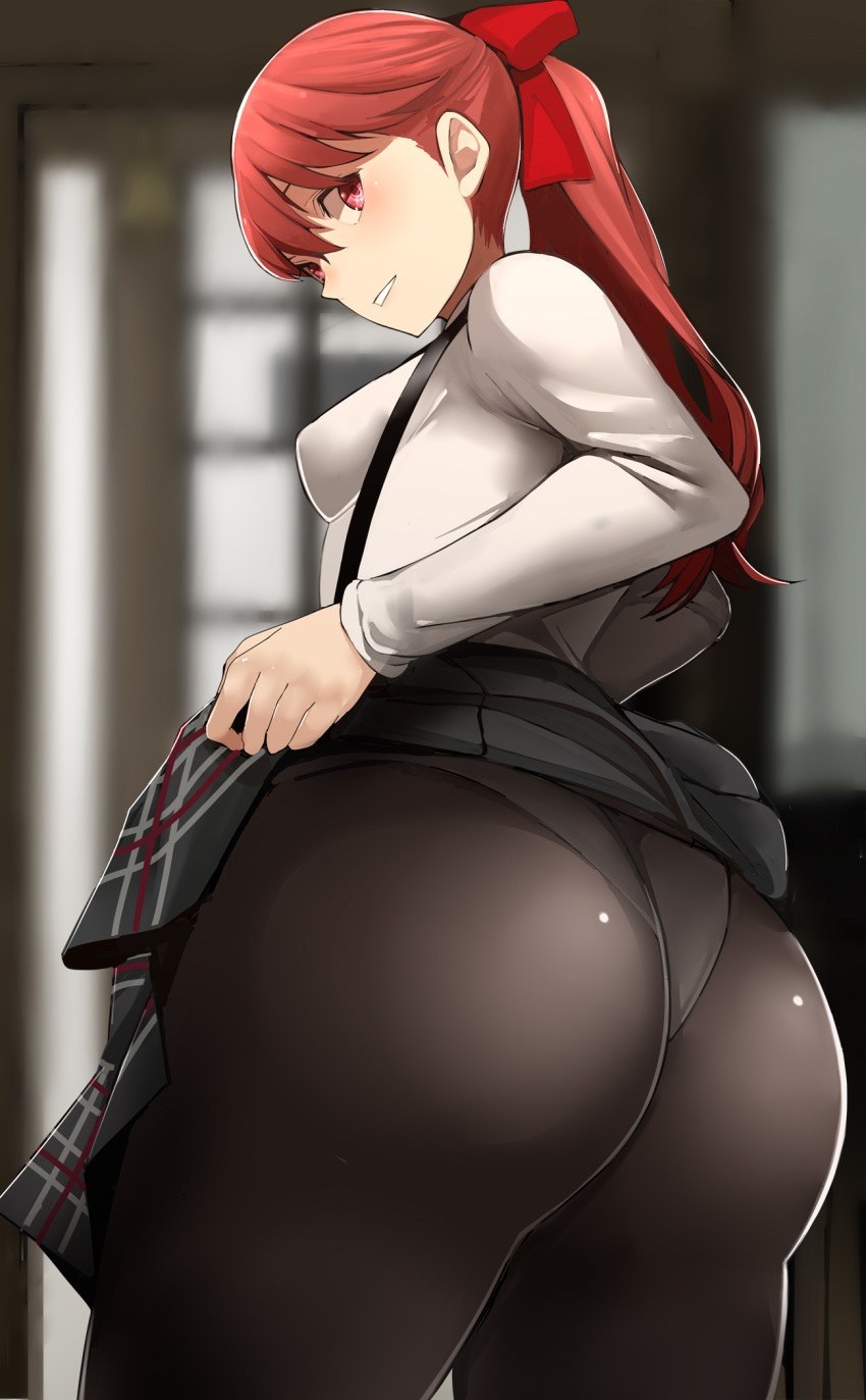 1girl ass black_legwear breasts highres long_hair looking_at_viewer looking_back nemu_(nebusokugimi) panties panties_under_pantyhose pantyhose persona persona_5 persona_5_the_royal ponytail red_eyes redhead shuujin_academy_uniform skirt small_breasts solo suspenders underwear yoshizawa_kasumi