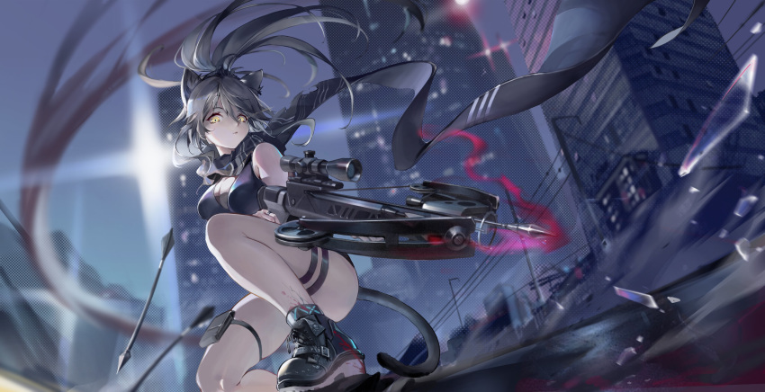 1girl absurdres animal_ear_fluff animal_ears arknights arrow_(projectile) bangs black_footwear black_scarf bow_(weapon) cat_ears cat_tail city crop_top crossbow guernical highres holding long_hair long_ponytail looking_at_viewer scarf schwarz_(arknights) short_shorts shorts silver_hair solo squatting tail thigh_strap weapon yellow_eyes