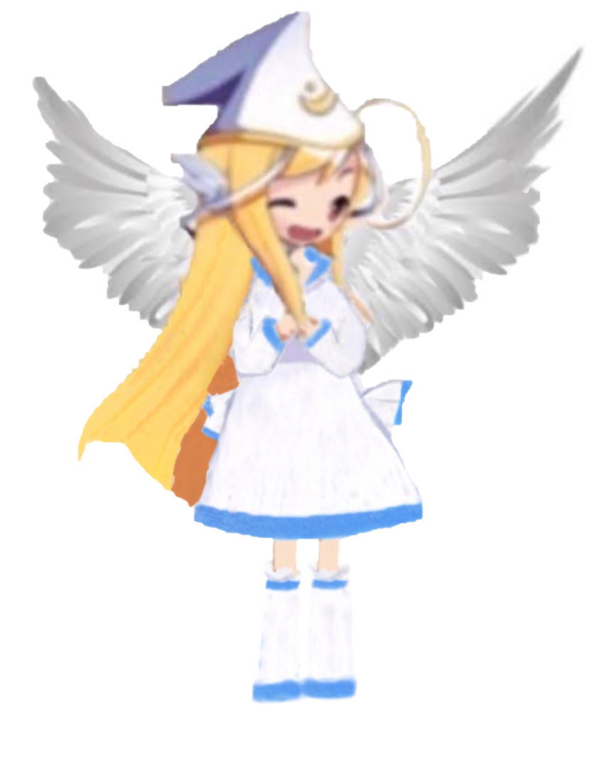 1girl ahoge angel blonde_hair celine_(zenonia) crescent_moon_symbol detached_sleeves hands_together happy long_hair official_art open_mouth red_eyes solo white_boots white_dress white_hat winged_hair_ornament wings wink zenonia