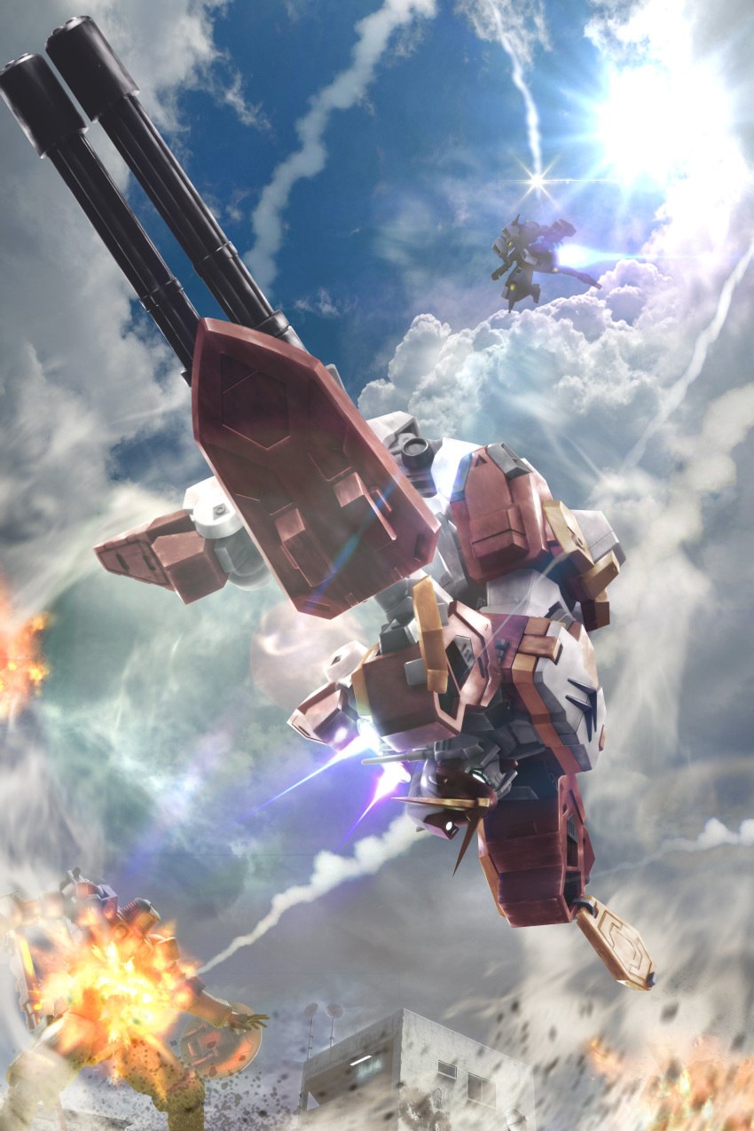 absurdres aries_(mobile_suit) atuki_mk2 building clouds diorama explosion gatling_gun gundam gundam_heavyarms gundam_wing highres mecha sky sunlight thrusters