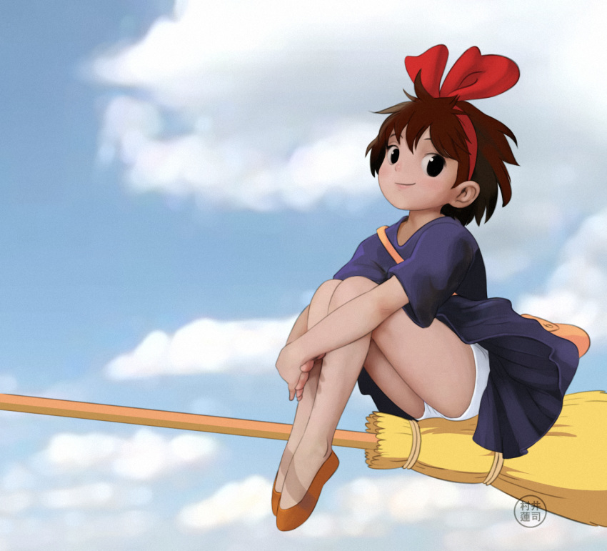 1girl bag bare_legs bare_thighs black_eyes blue_dress blue_sky blush bow broom broom_riding brown_hair child clouds dress eyebrows eyelashes full_body hair_bow hair_ornament hands headband highres kiki legs legs_together lips looking_at_viewer majo_no_takkyuubin no_legwear no_socks orange_footwear outdoors panties pantyshot red_bow red_headband red_headwear shadow shoes short_hair shoulder_bag signature sitting sitting_on_object sky smile solo tears-of-blade thighs underwear white_panties