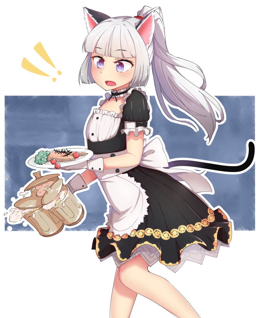 !! 1girl absurdres alcohol animal_ears apron beer beer_mug black_dress blue_eyes cat_ears cat_tail choker cup dress elin food gloves highres long_hair maid mug ocs3533 open_mouth ponytail salmon silver_hair solo tail tera_online tray waist_apron white_apron white_gloves