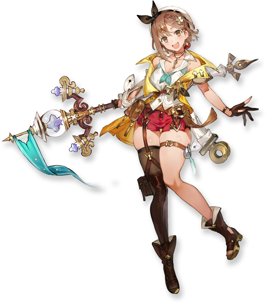 1girl asymmetrical_legwear atelier_(series) atelier_ryza atelier_ryza_2 boots brown_eyes brown_hair fang full_body hair_ornament hat high_heels highres holding holding_staff jewelry long_sleeves looking_at_viewer neckerchief necklace official_art open_mouth red_shorts reisalin_stout sandals short_shorts shorts single_thighhigh skindentation solo staff thigh-highs thigh_strap toridamono transparent_background